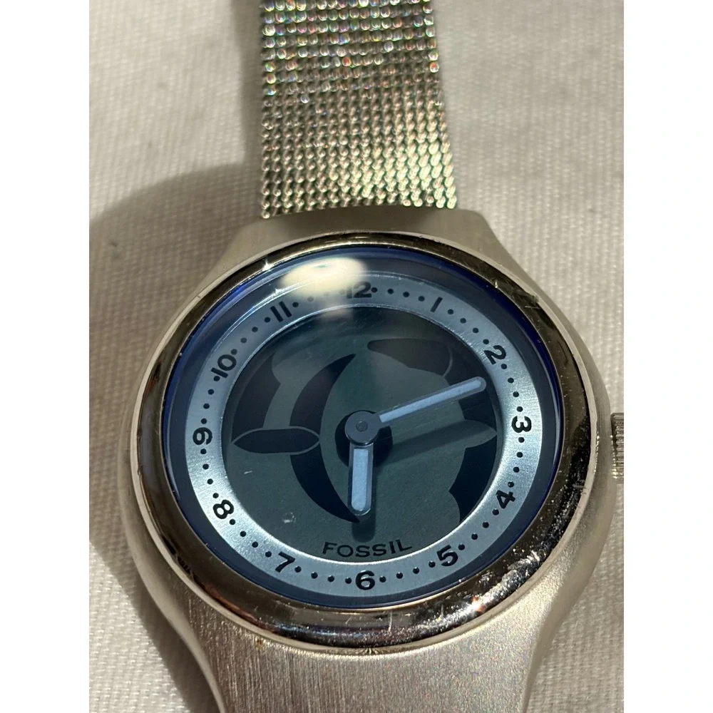 Fossil Big Tic Y2k‎ JR-7876 Women's Silver SS Mesh Band Blue Dial 30.3mm Watch